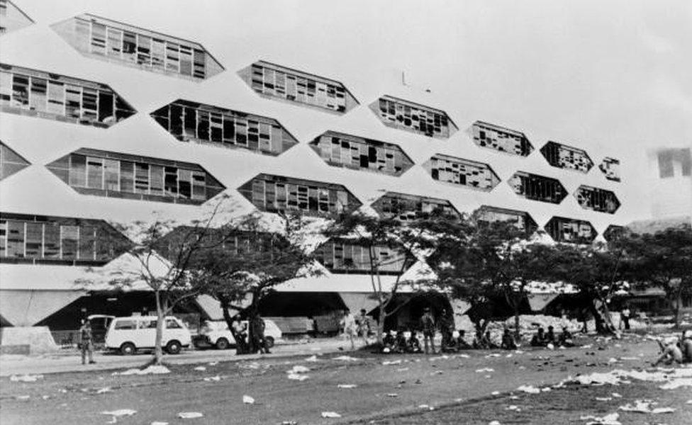 This picture taken 06 October 1976 in Bangkok shows a devastated Thammasat University. Numerous students were killed and others injured during violent demonstrations which have opposed there students and the police