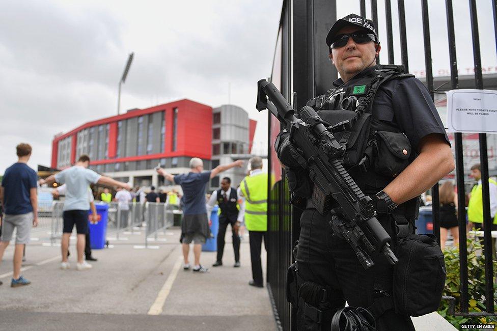 Policeman outside Old Trafford cricket ground