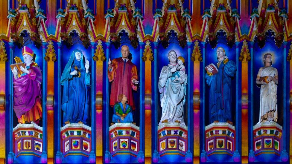 Patrice Warrener's The Light of the Spirit on the front of Westminster Abbey