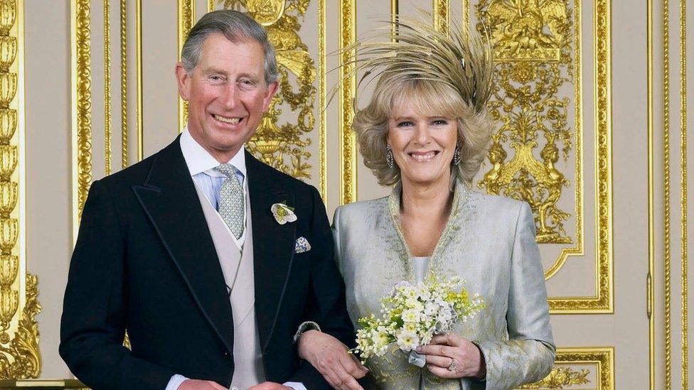 Prince of Wales and his new bride Camilla, Duchess of Cornwall in the White Drawing Room at Windsor Castle after their wedding ceremony.