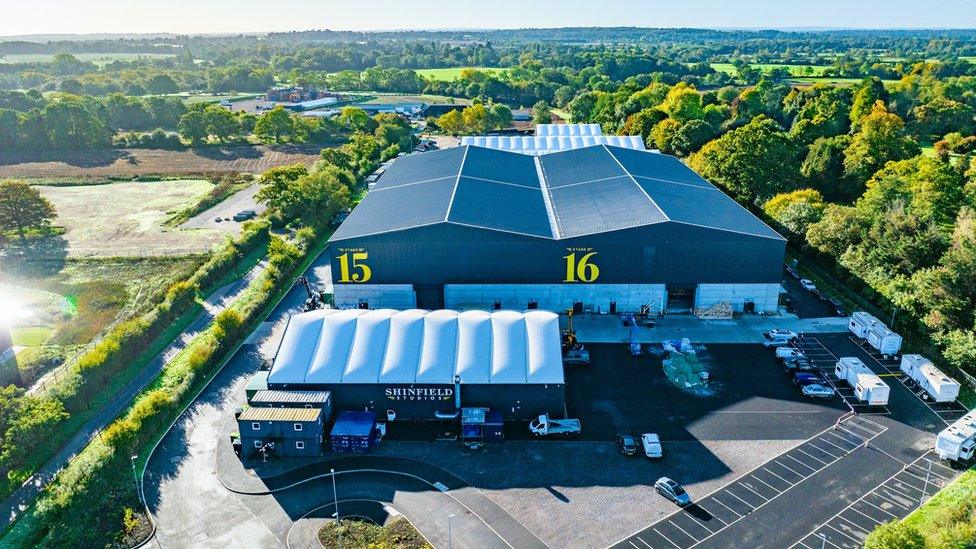 Aerial view of completed sound stages at Shinfield Studios