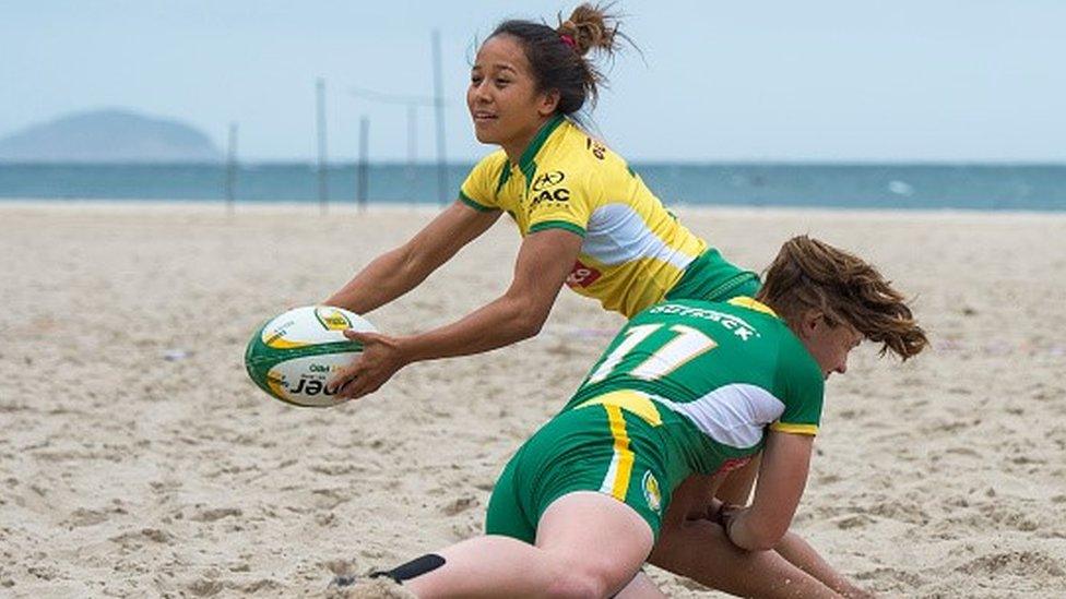 A beach rugby pitch has been established at at Copacabana Beach in Rio de Janeiro