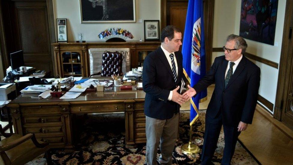 Luis Florido, a member of the opposition in the Venezuelan National Assembly, stands with Luis Almagro, Secretary General of the Organisation of American States, at the Organisation of American States on May 20, 2016 in Washington, DC.