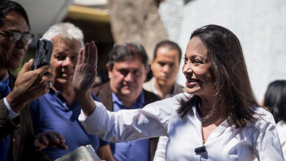 Venezuelan opposition leader Maria Corina Machado greets her followers during a rally in Caracas, Venezuela, 29 January 2024.