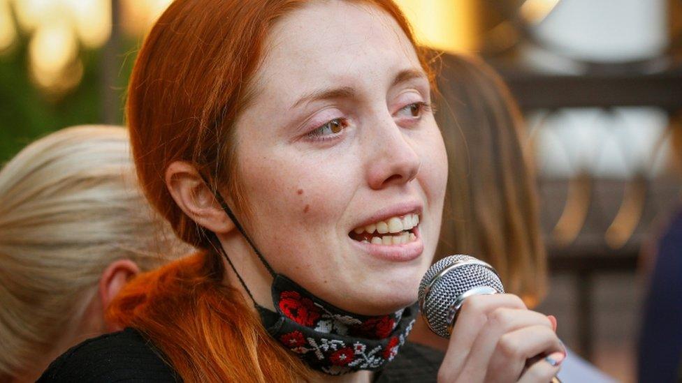 Bazhena Zholudzh addresses a rally in Kyiv