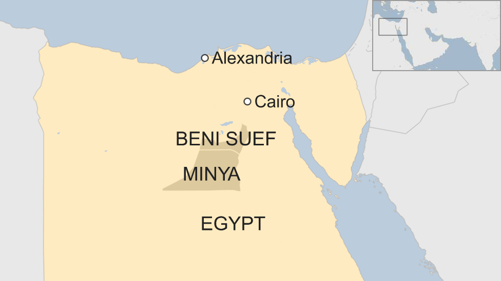 Map of Egypt showing location of Minya and Beni Suef provinces