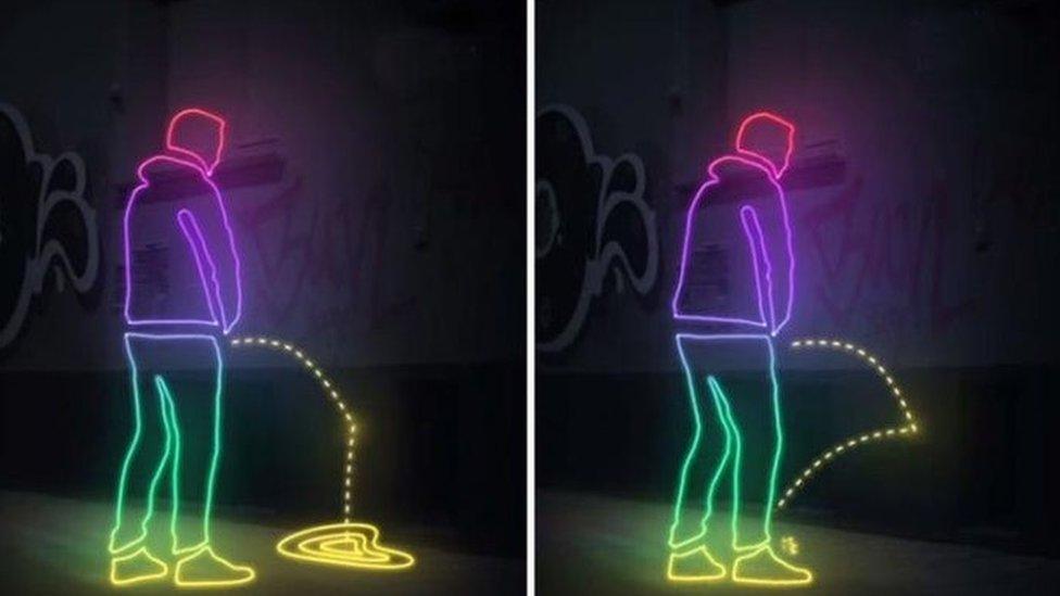 Fluorescent animated image showing a man attempting to urinate, with the urine bouncing off the wall.