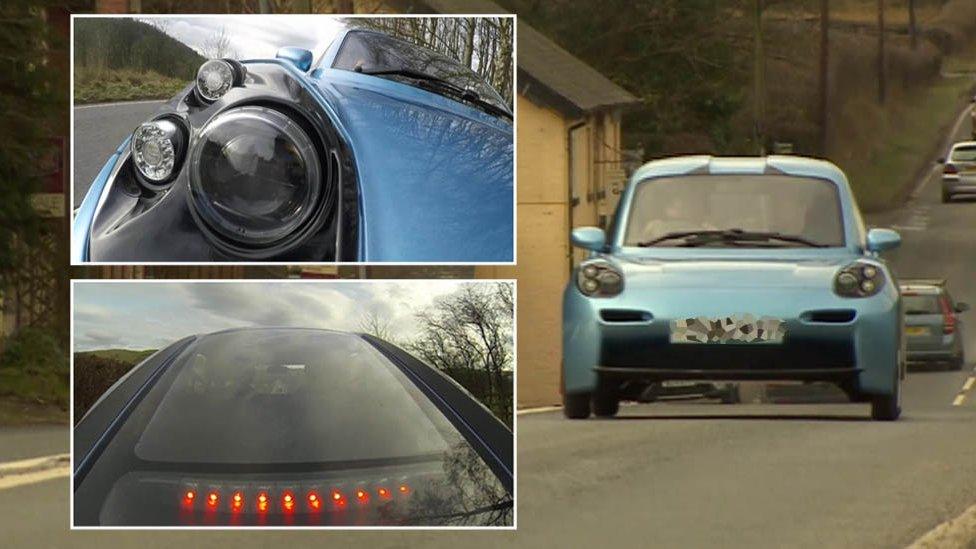 The Rasa car, including a shot of the back and the headlight