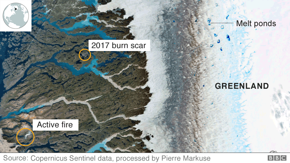 Satellite image of a wildfire in Greenland