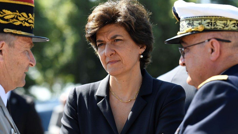 French Minister of the Armed Forces Sylvie Goulard (C) attending the ceremony to mark the 77th anniversary of late French General Charles de Gaulle"s appeal of June 18, 1940