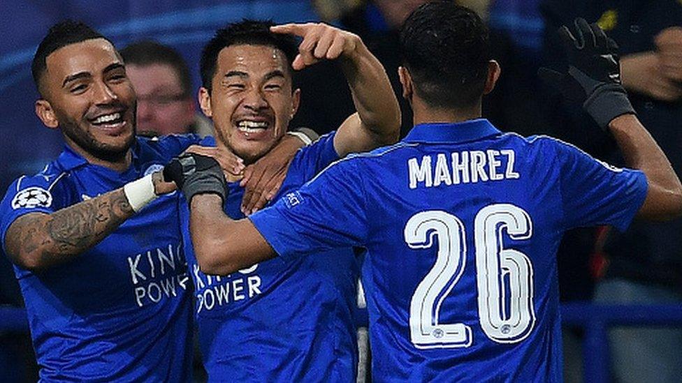 Shinji Okazaki celebrates scoring for Leicester City against Club Brugge