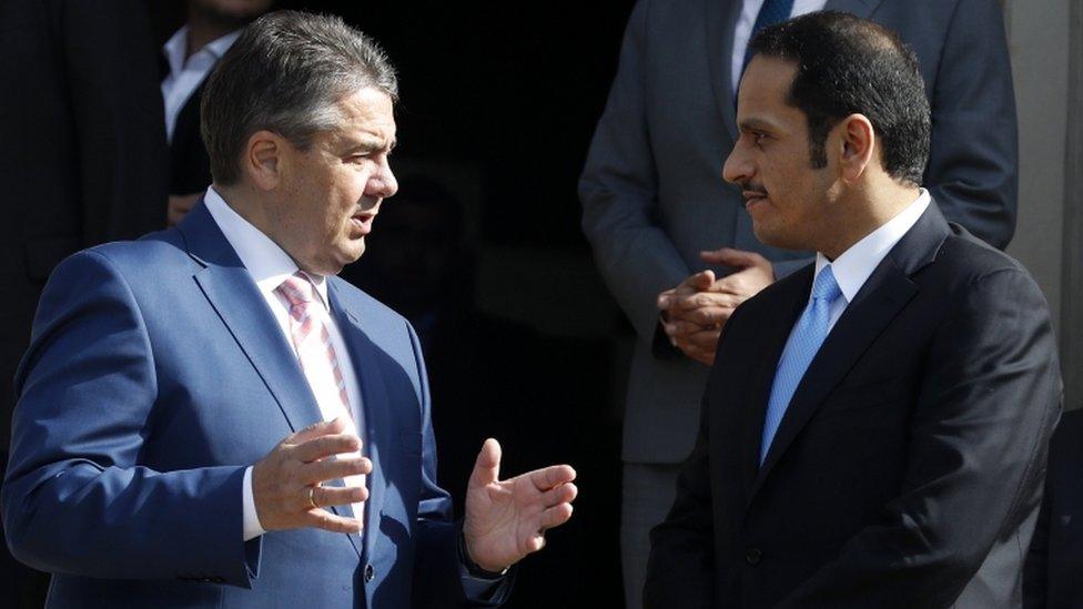 German Foreign Minister Sigmar Gabriel (L) talks with the Foreign Minister of Qatar, Sheikh Mohammed al-Thani, in Wolfenbuettel, Germany, 9 June 2017