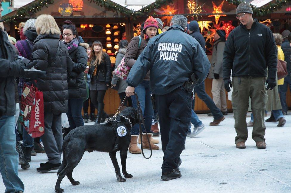 A police dog checks for explosives during a patrol at Christkindlmarket Chicago, a German-themed Christmas market in Chicago, Illinois, 20 December