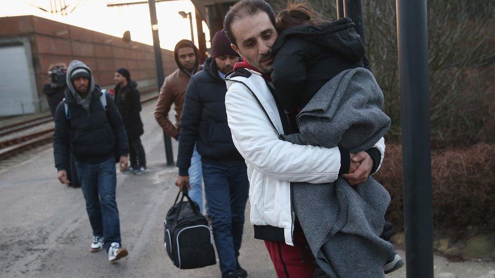 Refugees arrive in Padborg, Denmark. 6 January 2016