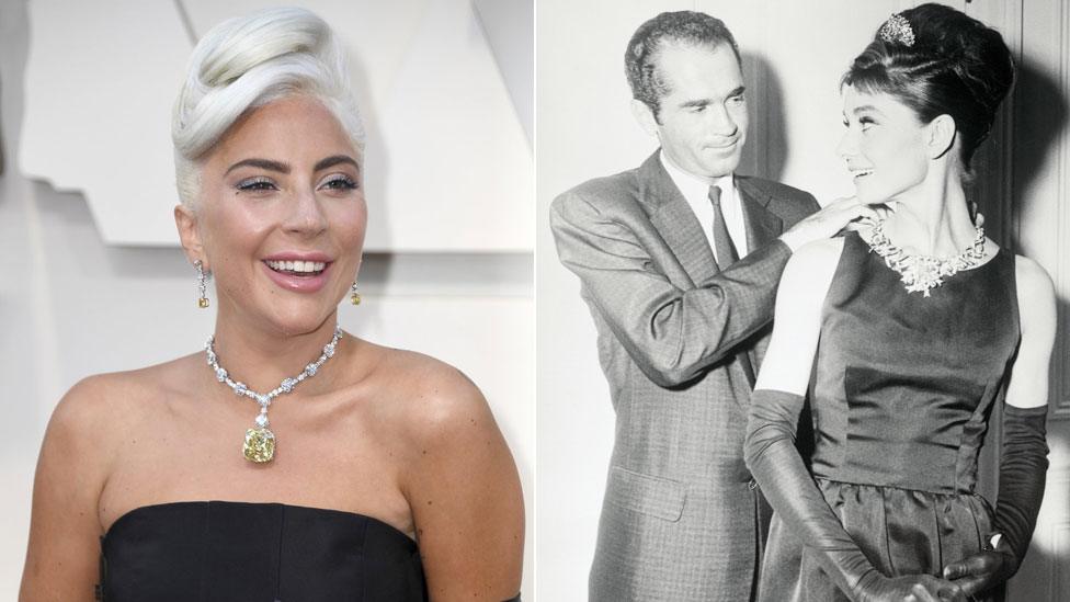 Lady Gaga and Audrey Hepburn with an unidentified man