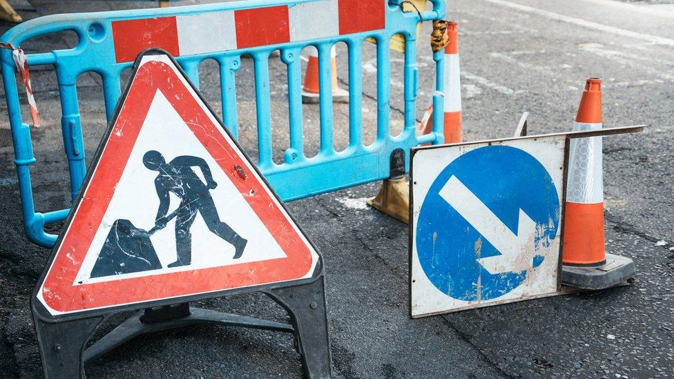 Roadworks signs stock photo