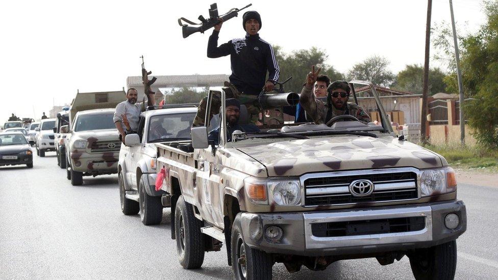 Members of the Libya Dawn militia in in the city of Sabratha, west of the capital Tripoli, on 28 February 2016