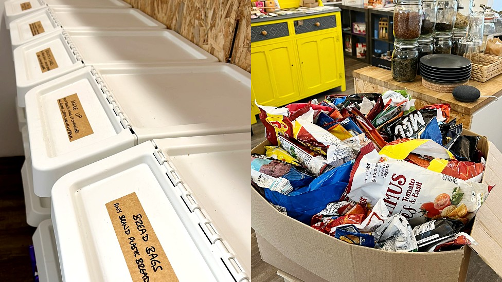 Composite picture of recycling bins and a box holding crisp packets for recycling at Awesome Wales zero waste store