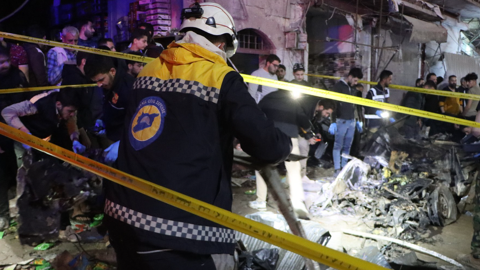 The aftermath of a bomb in Azaz, Syria