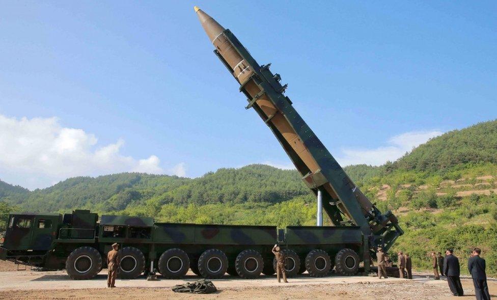 North Korea's Kim Jong-Un (2nd R) inspects the test-fire of an Intercontinental Ballistic Missile in July 2017