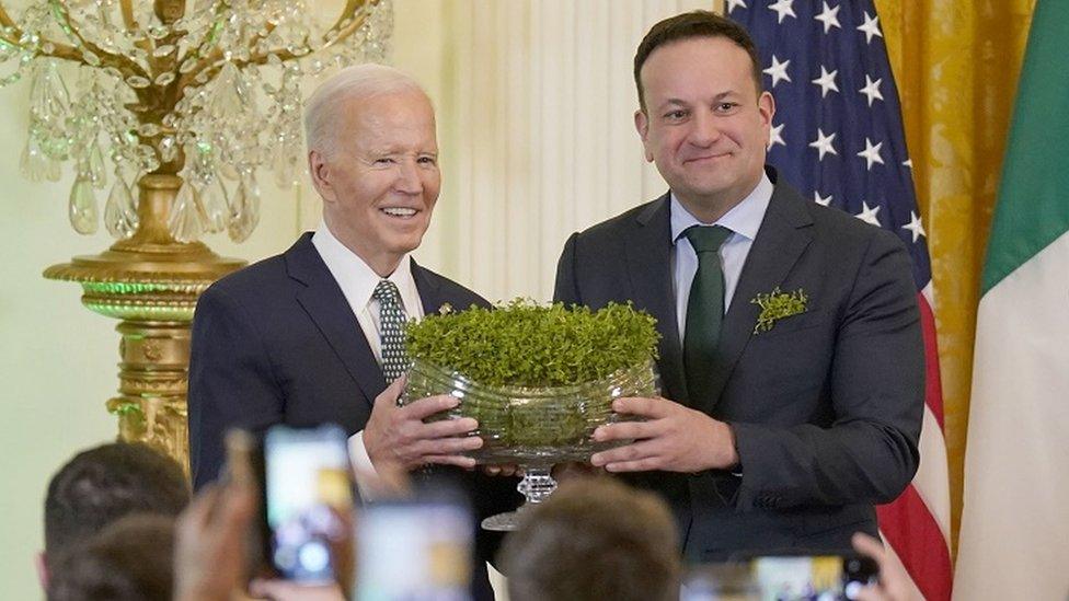 US President Joe Biden accepted a bowl of shamrock from Leo Varadkar on Sunday