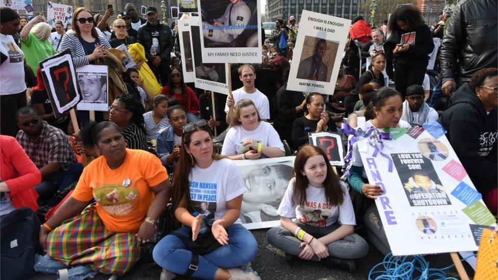 Anti-knife crime campaigners on Westminster Bridge in central London,