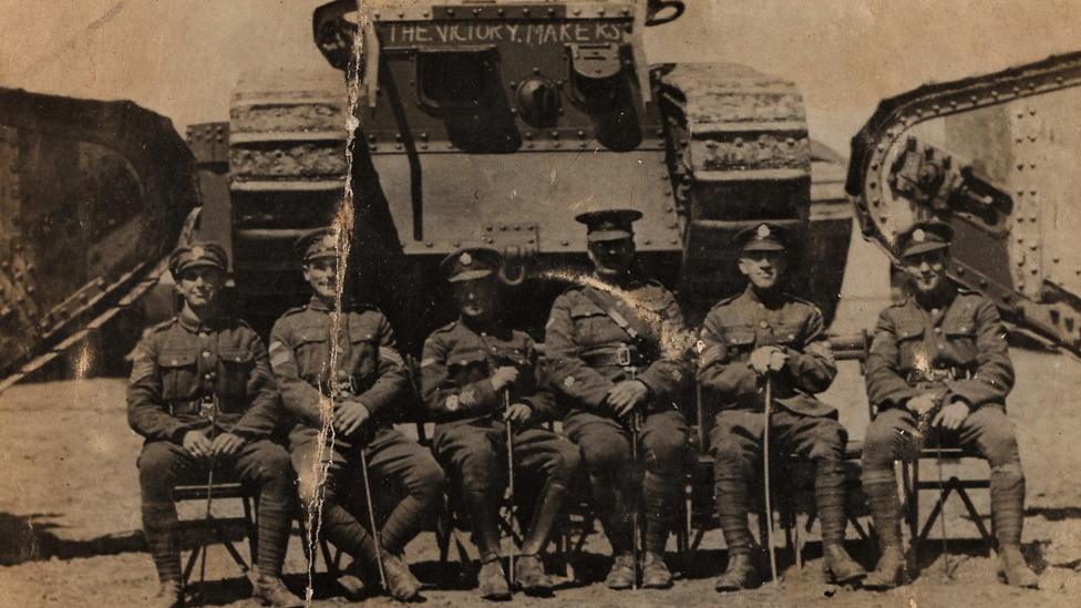 Arthur Fish (far left) with the Royal Tanks Corps. He returned from the war but his career at Cardiff City was over