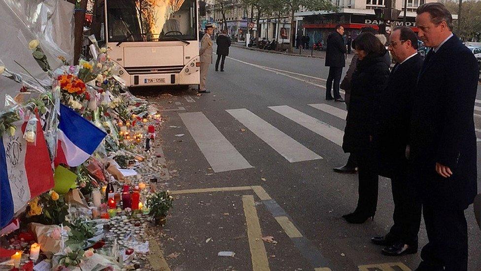 David Cameron with French President Francois Hollande outside the Bataclan