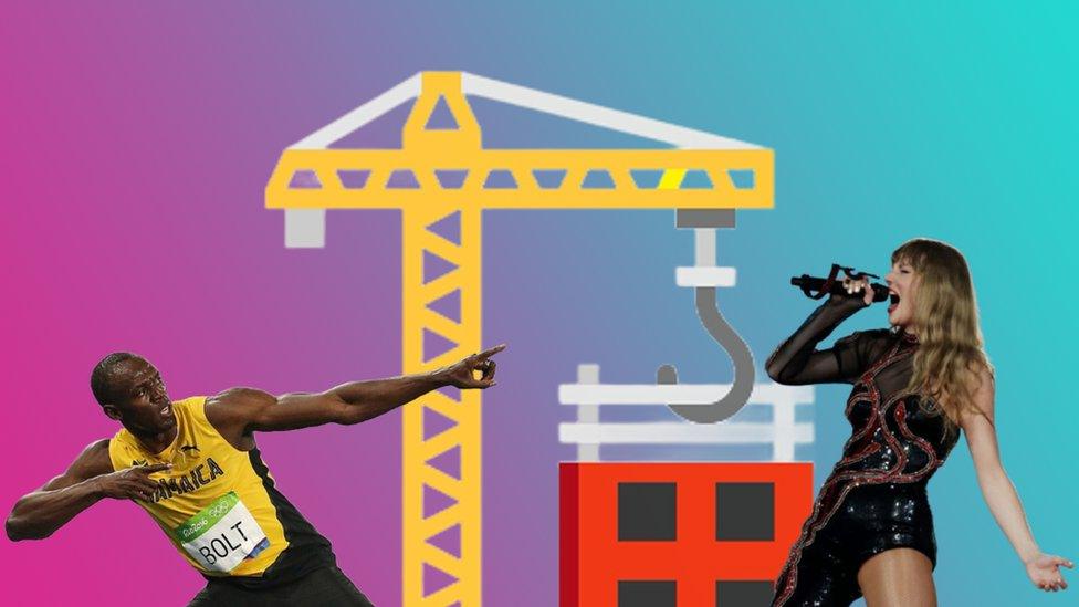 Usain Bolt, cartoon crane and Taylor Swift