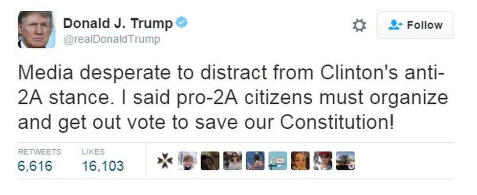 Donald Trump tweets: "Media desperate to distract from Clinton's anti-2A stance. I said pro-2A citizens must organize and get out vote to save our Constitution!"