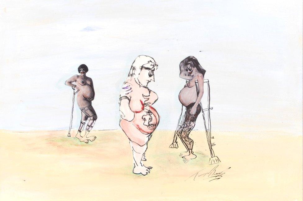 A drawing of three naked, pregnant disabled women