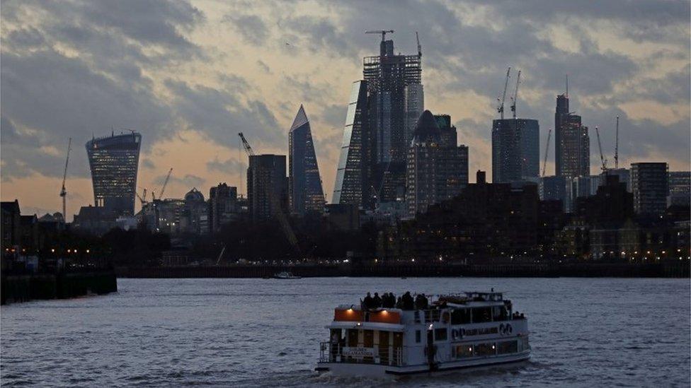 Canary Wharf financial district skyline and river