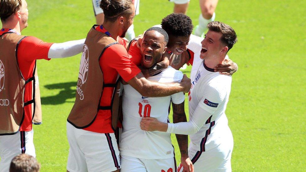 stirling celebrates with team mates after scoring first goal for england at the euros