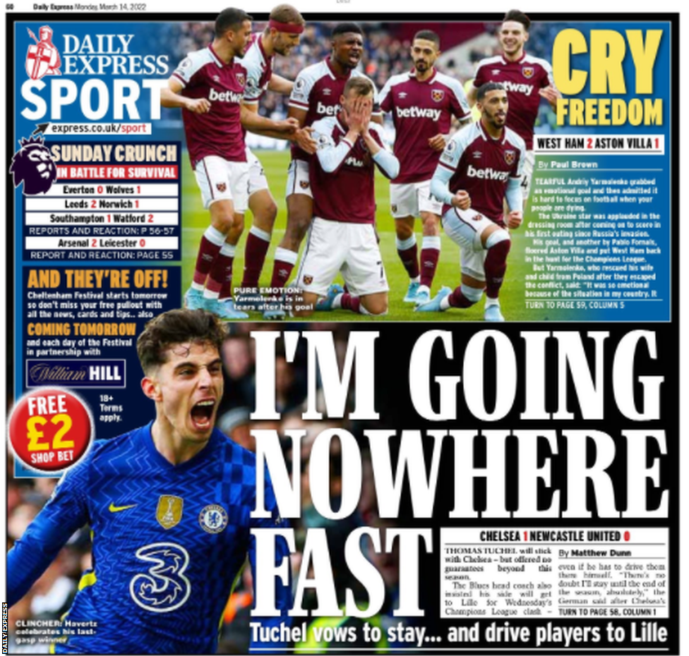 Main sport page of the Daily Express on 14 March 2022