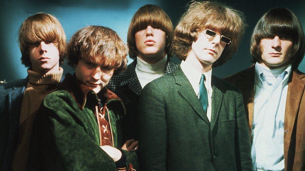 Pop group The Byrds (l to r): Chris Hillman; Dave Crosby; Mike Clark; Jim McGuinn; and Gene Clark, 1965