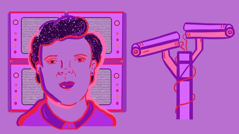 Illustration of Marie Van Brittan Brown and CCTV cameras