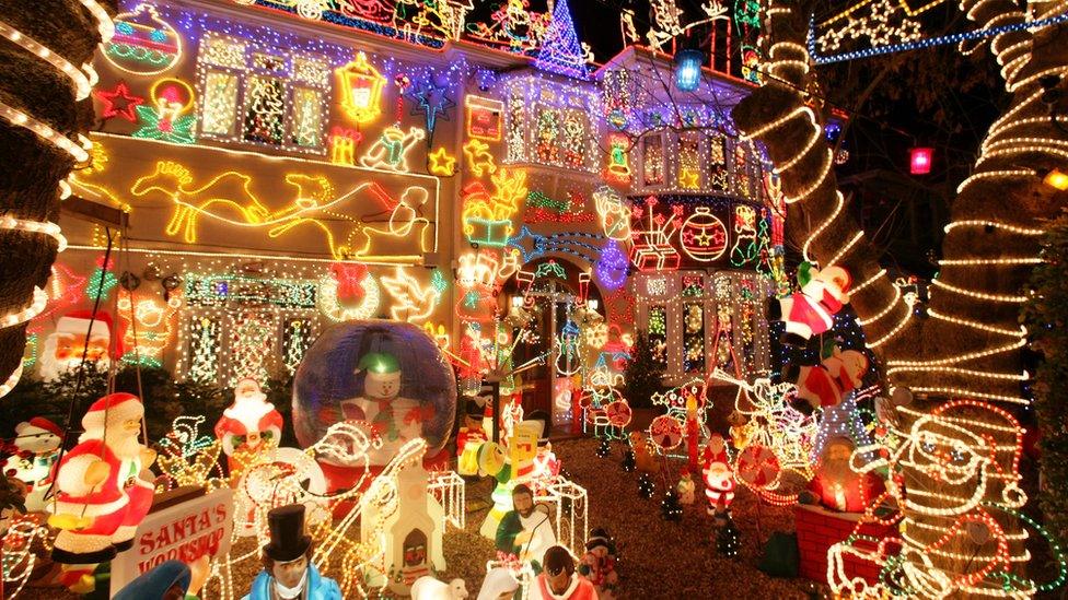 House covered in Christmas lights