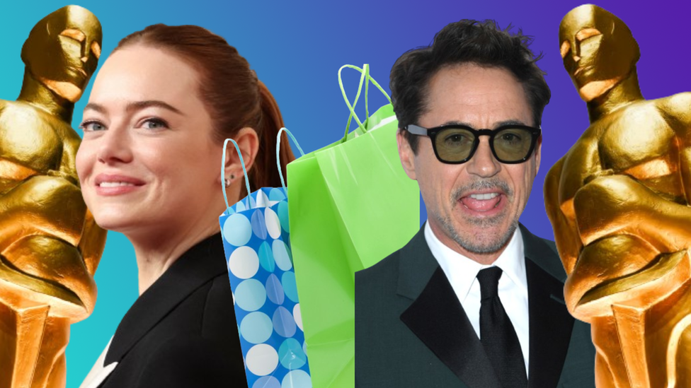 Emma Stone and Robert Downey Jr image showing Oscar statues next to a pair of gift bags