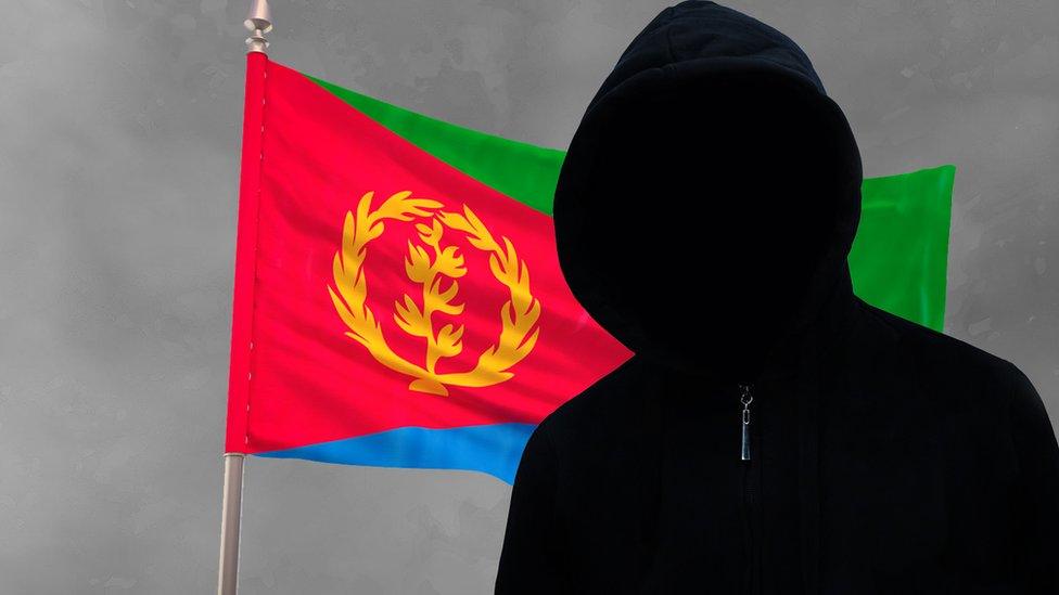 Graphic of mystery man in front of an Eritrean flag