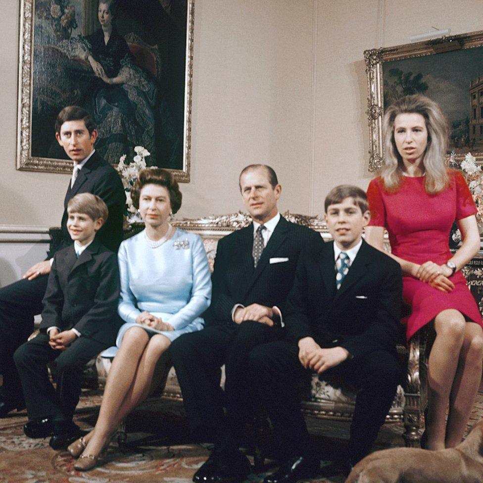 Prince of Wales, Prince Edward, Queen Elizabeth II, the Duke of Edinburgh, Prince Andrew, and Princess Anne at Buckingham Palace, London