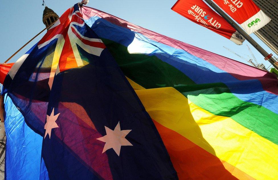 A file photo of a gay pride Australian flag on display during a Sydney parade