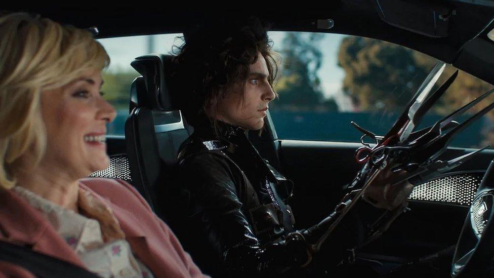 Timothée Chalamet taking on the role of Edward Scissorhands with Winona Ryder.