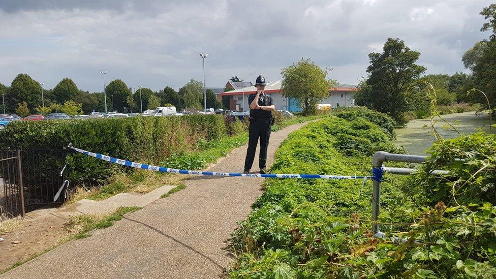 The police cordon near the River Gipping behind Suffolk Retail Park in Ipswich