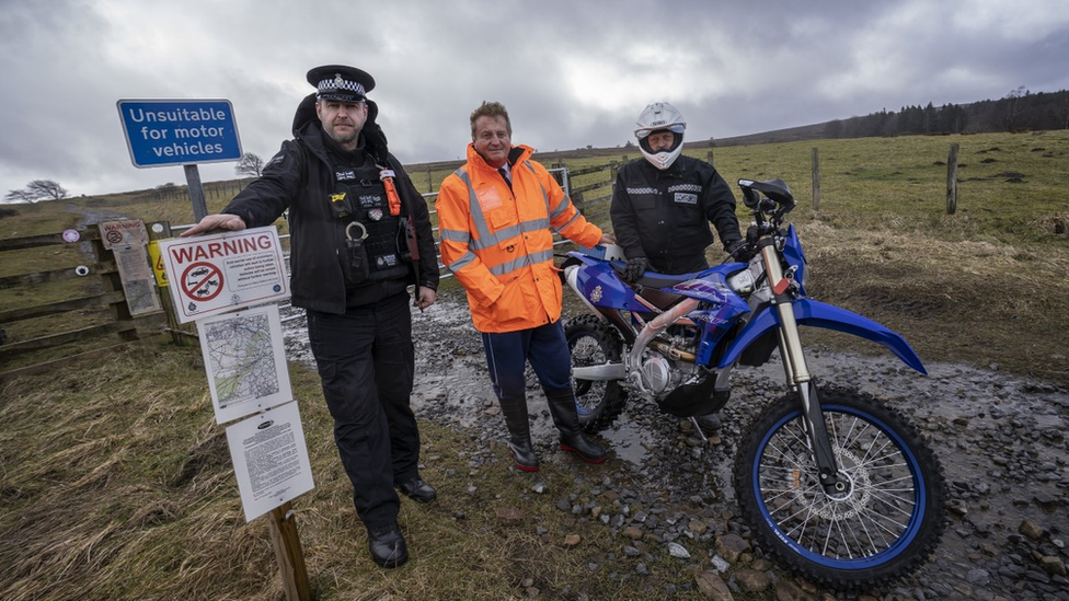 Sgt Steve Down, John Shuttleworth, and Ian Calvert, police motorcyclist at Durham Constabulary