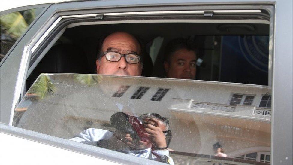 Julio Borges, lawmaker of the Venezuelan coalition of opposition parties (MUD), and members of Venezuela's opposition leave after a meeting in Santo Domingo, Dominican Republic February 7, 2018.