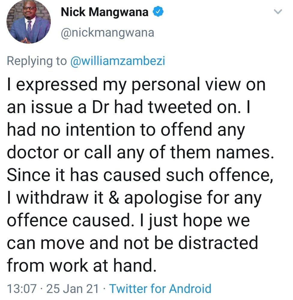 A screenshot of the since-deleted tweet by Nick Mangwana