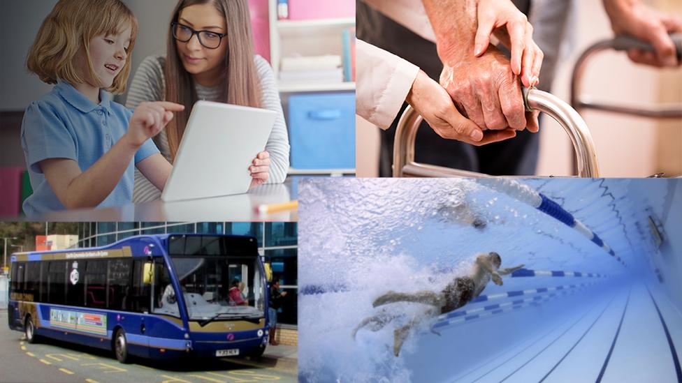 Child being taught, woman with walking frame, Bridgend bus station, swimming pool