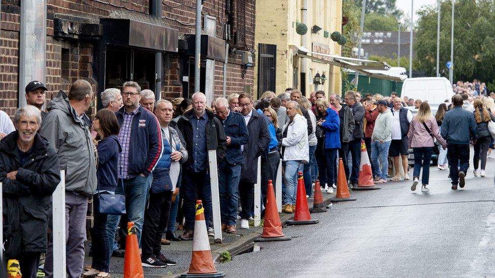 Fans queue around the Apollo in Manchester ahead of comedian Peter Kay"s charity show to raise money for 20-year-old Laura Nuttall