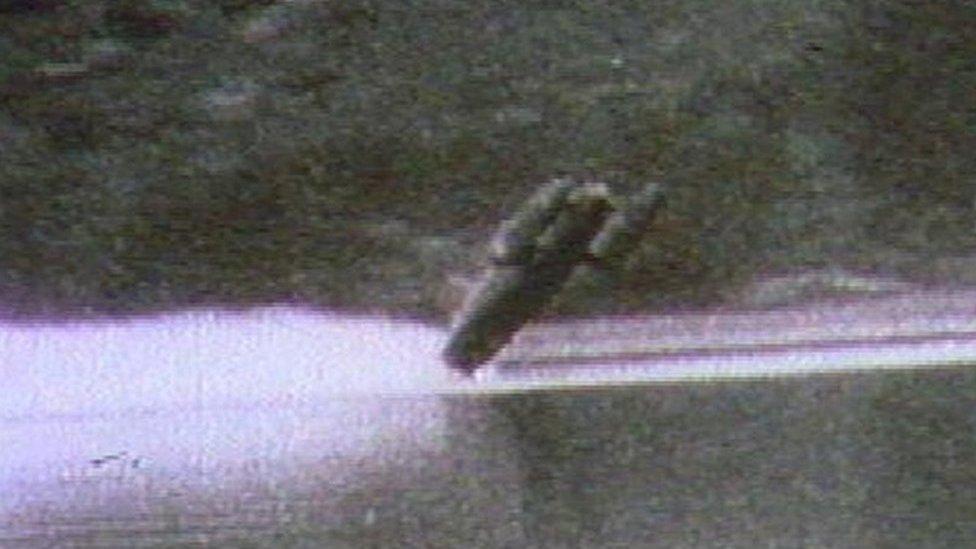 Bluebird flips out of the water at Coniston in January 1967 in the crash which killed Donald Campbell