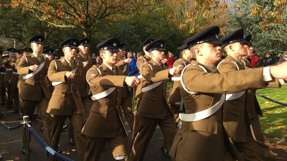 The Royal Navy, Army, Royal Air Force and Merchant Navy and Fishing Fleets marched to the Welsh National War Memorial at Cathays Park